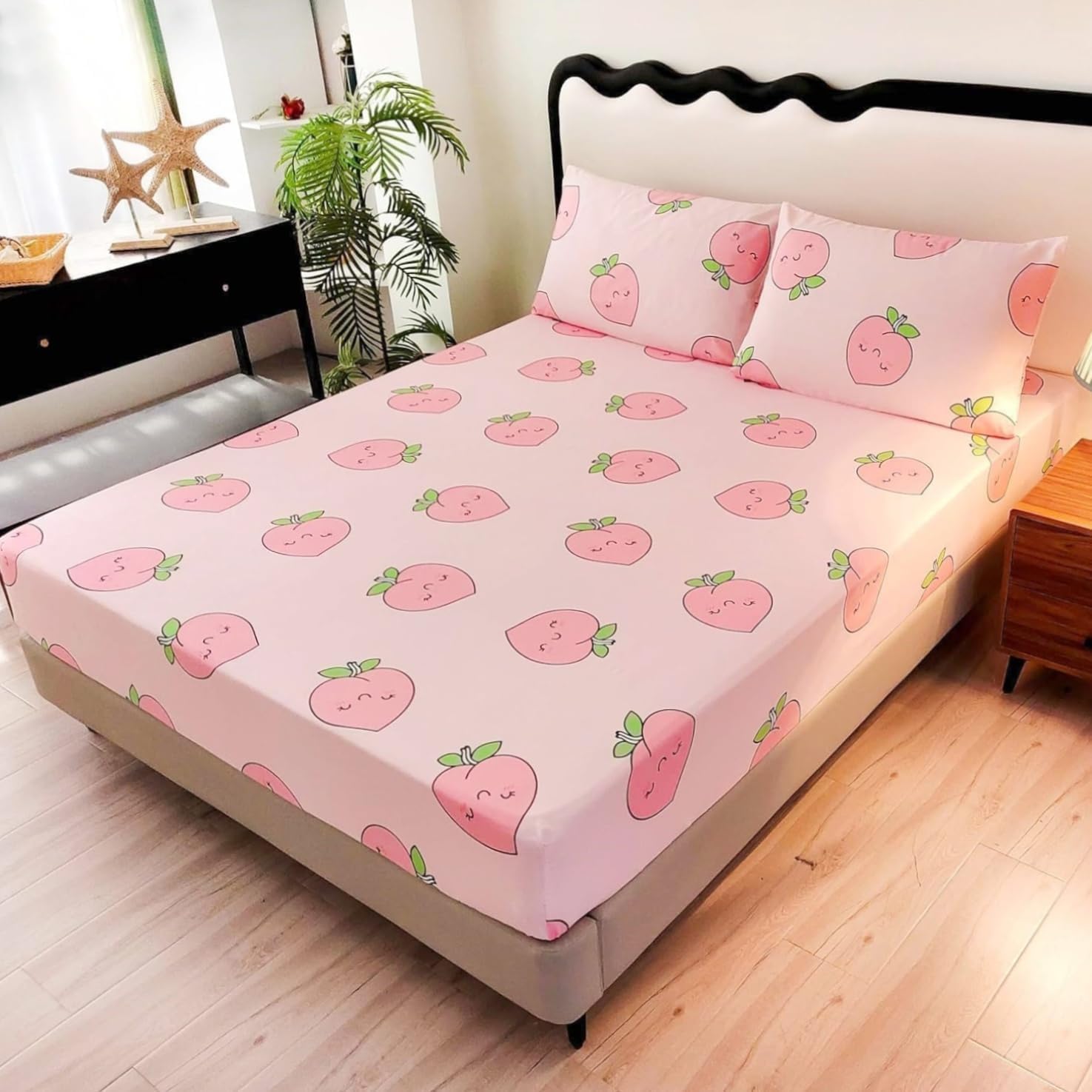 Sdy 3Pcs Pink Peach Print Pattern Sheet Set, Lovely Peach Fitted Sheet With Deep Pocket, Soft And Kawaii,Lightweight Cute Room Decor For Boys, Girls And Teens, Queen