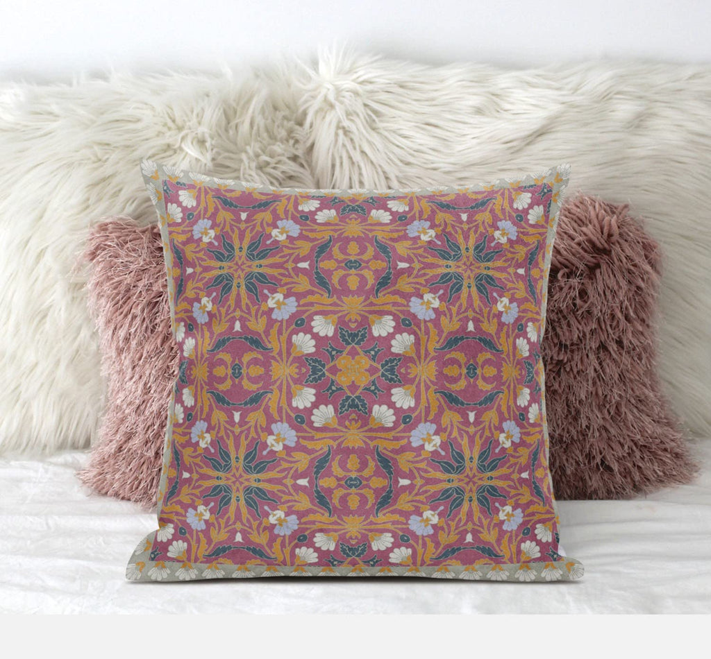 HomeRoots Indigo Light Blue 18â€ Magenta Orange Paisley Zippered Suede Throw Pillow