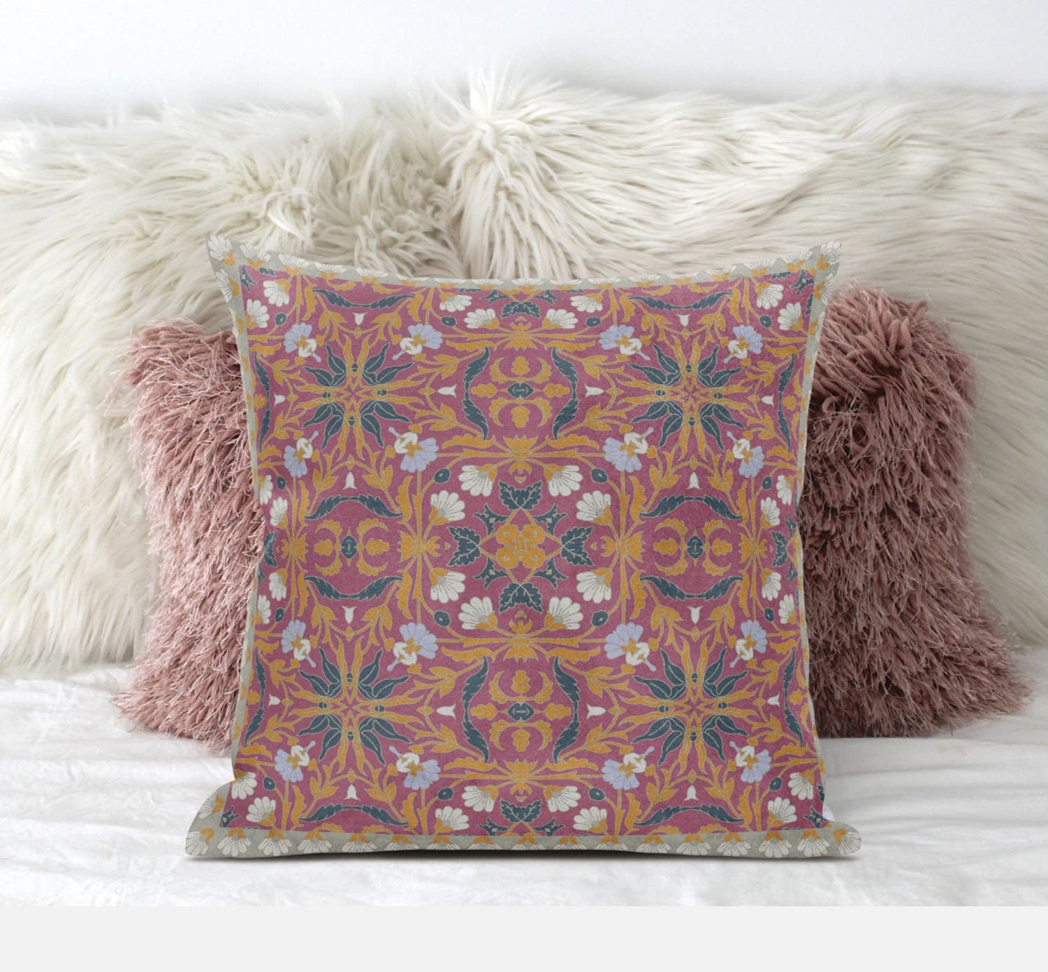 HomeRoots Indigo Light Blue 18â€ Magenta Orange Paisley Zippered Suede Throw Pillow