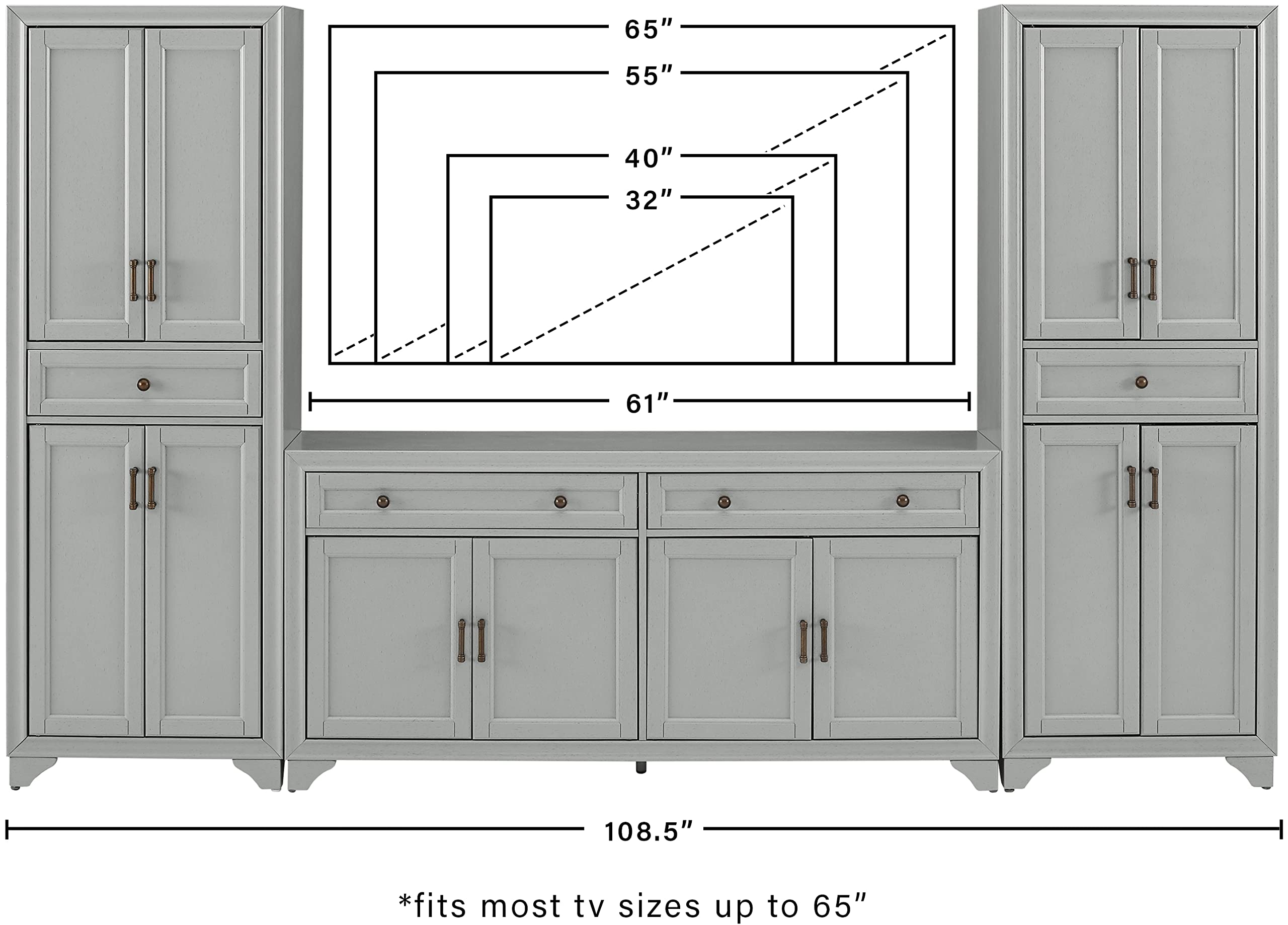 Crosley Furniture Tara 3-Piece Entertainment Center with TV Stand, Storage Cabinets, and Adjustable Shelves, Distressed Gray