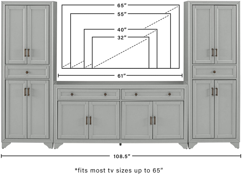 Crosley Furniture Tara 3-Piece Entertainment Center with TV Stand, Storage Cabinets, and Adjustable Shelves, Distressed Gray