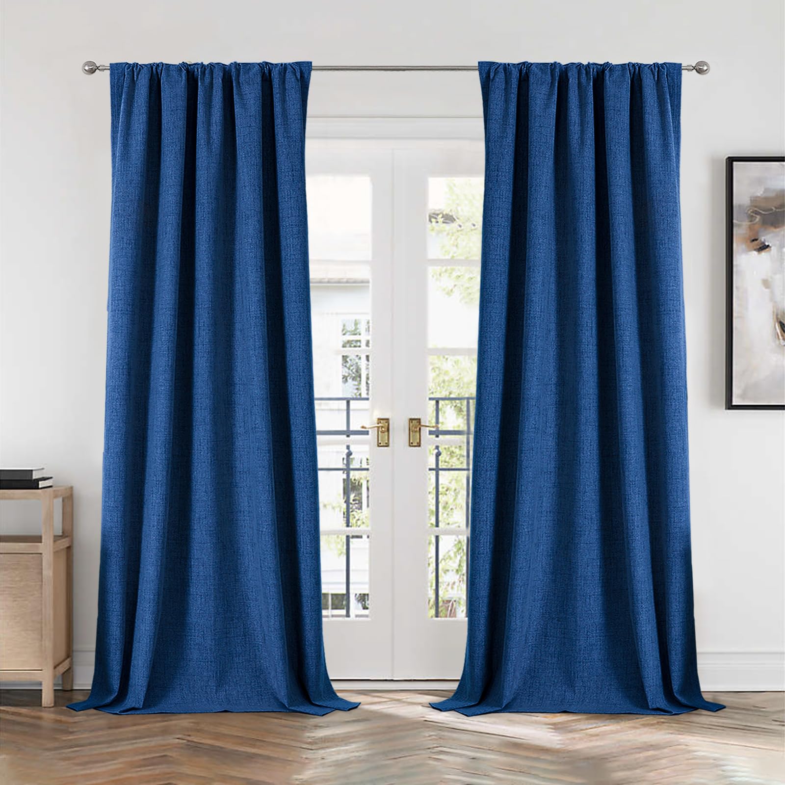 Cucraf 100% Blackout Back Tab And Rod Pocket Curtains 90 Inch Length 2 Panels Set, Navy Blue Linen Curtain For Living Room Bedro