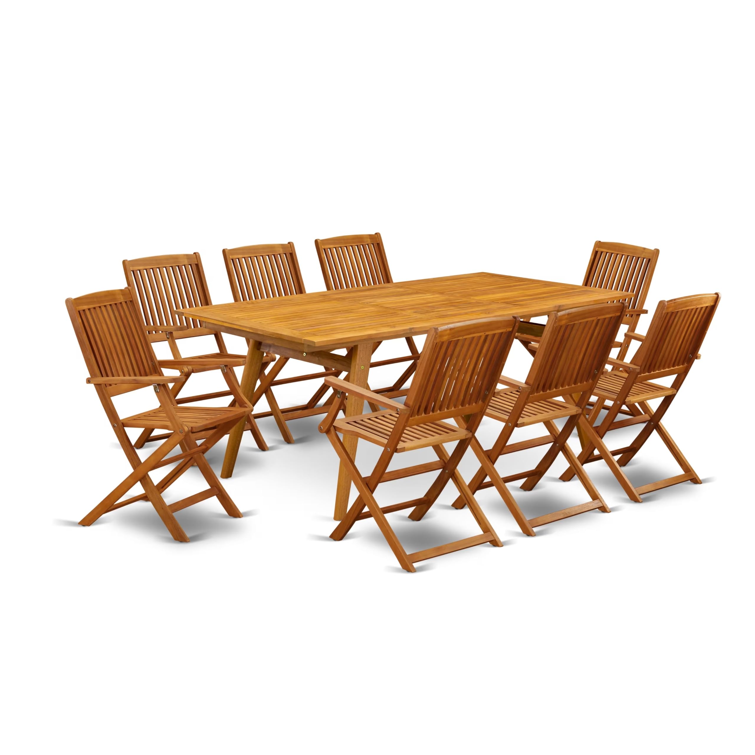 East West Furniture Decm9Cana 9 Piece Patio Bistro Dining Furniture Set Includes A Rectangle Outdoor Acacia Wood Table And 8 Folding Arm Chairs, 40X72 Inch, Natural Oil