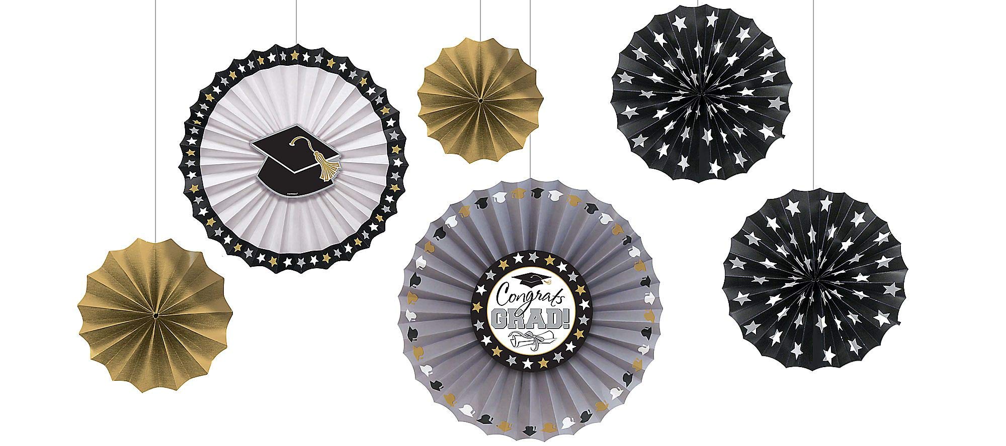 Amscan Grad Paper Fan Decorations Black Silver and Gold One Size 6Ct