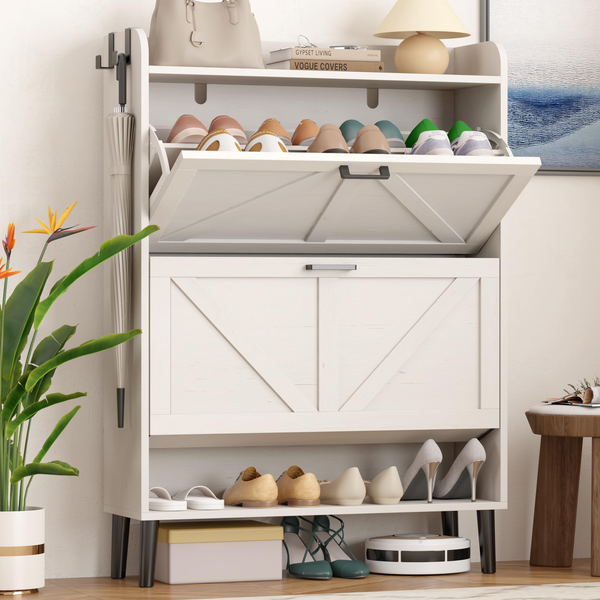 HOMEFORT Shoe Storage Cabinet for Entryway, Slim Shoe Organizer with Two Flip Drawers, Narrow Shoe Rack Cabinet with Wood Legs, 