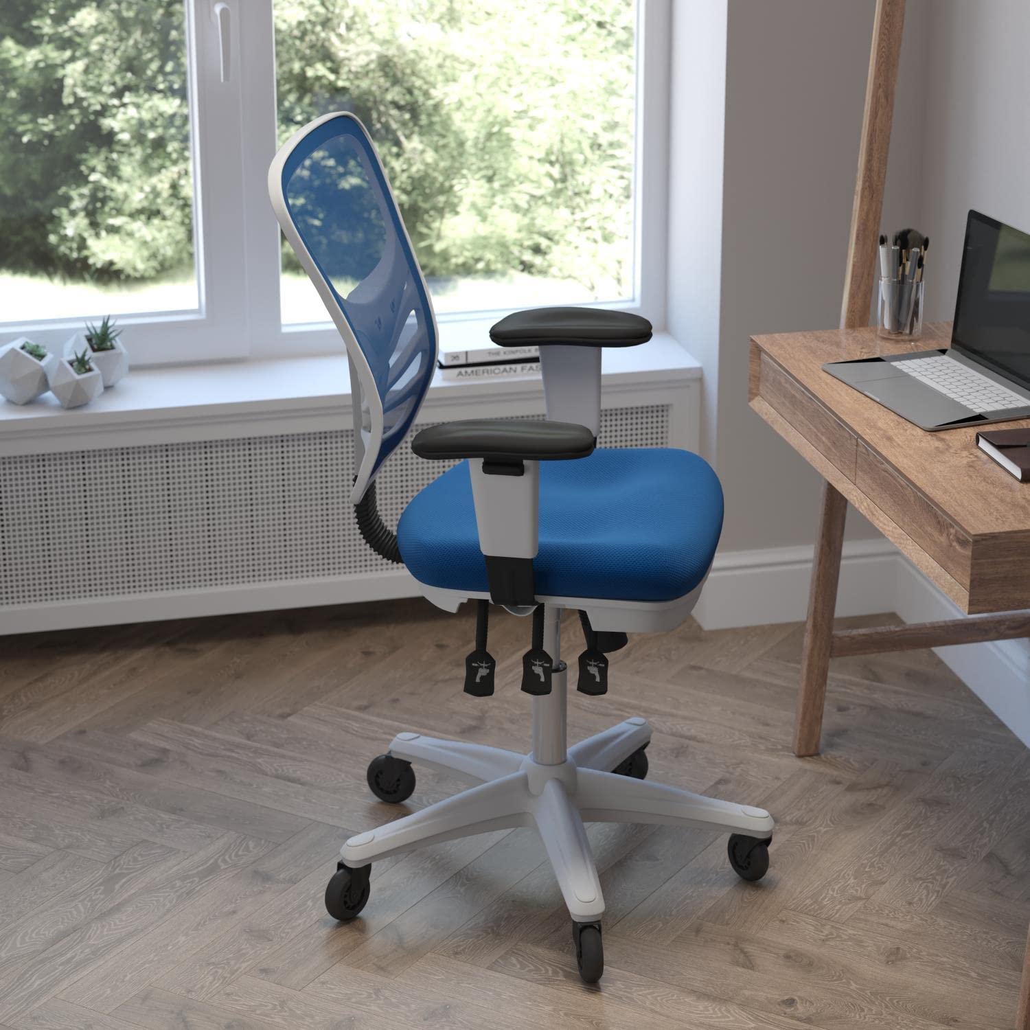 Flash Furniture Nicholas Mid-Back Multifunction Executive Swivel Ergonomic Office Chair With Adjustable Arms, Transparent Roller Wheels, And White Frame, 27&Quot;, Blue Mesh