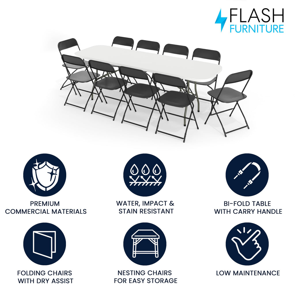 Flash Furniture 8' Plastic Bi-Fold Training Table Set with 10 Folding Chairs, 11-Piece Rectangular Folding Training Table and Chairs Set, White/Black