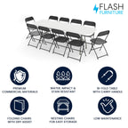Flash Furniture 8' Plastic Bi-Fold Training Table Set with 10 Folding Chairs, 11-Piece Rectangular Folding Training Table and Chairs Set, White/Black