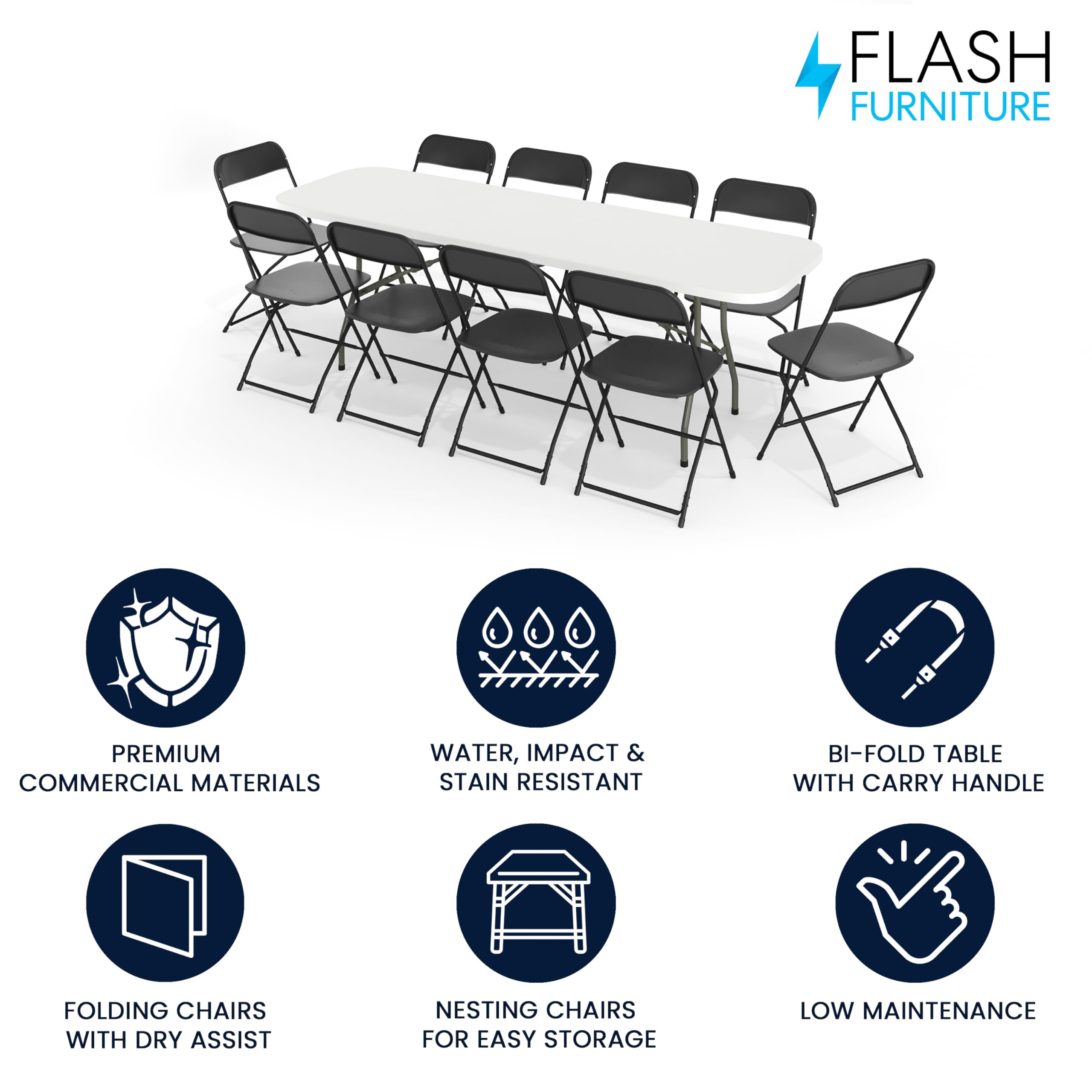 Flash Furniture 8' Plastic Bi-Fold Training Table Set with 10 Folding Chairs, 11-Piece Rectangular Folding Training Table and Chairs Set, White/Black