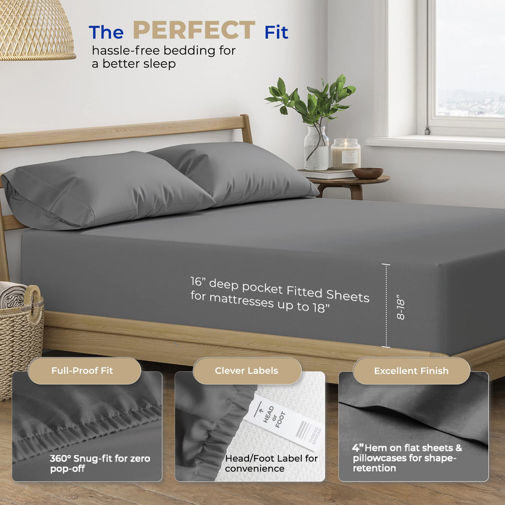 Thread Spread 100% Cotton Split King Sheets Sets For Adjustable Bed - 400 Thread Count 5 Pc Sateen Sheet Set - Soft, Breathable Cooling Cotton Sheets - Deep Pocket Split King Bed Sheet (Dark Gray)