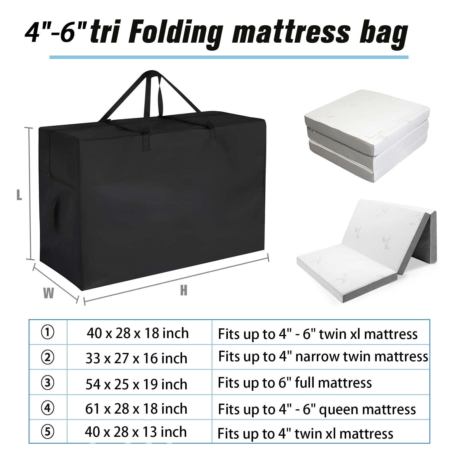 Jungda Tri Folding Mattress Storage Bag,Foldable Memory Foam Mattress Case,Carry Case For Tri-Fold Guest Bed Mattress Fits 4-6 I