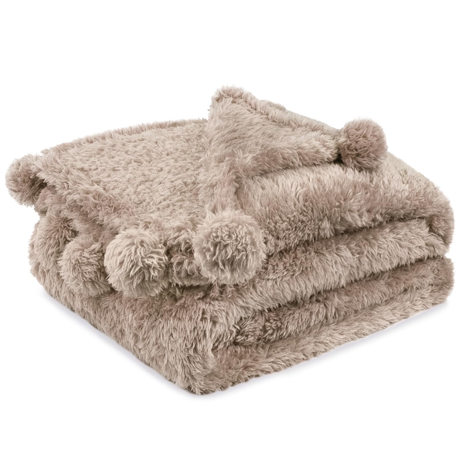 Pavilia Tan Sherpa Throw Blanket For Couch, Warm Plush Pom Pom Blanket Throw Twin, Fuzzy Sofa Blanket Throw For Bed, Lightweight