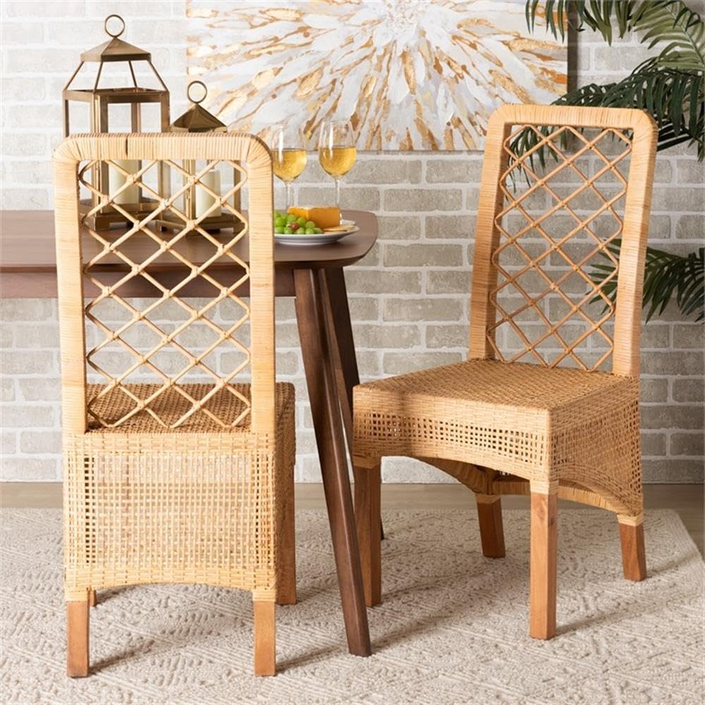 Baxton Studio Moscow Modern Bohemian Natural Brown Rattan and Walnut Brown Finished Wood 2-Piece Dining Chair Set