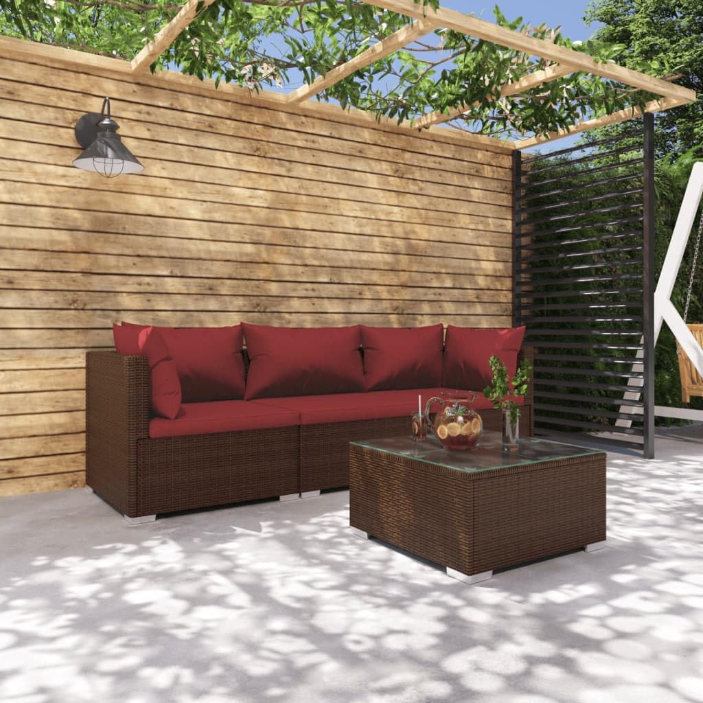 vidaXL Brown Patio Furniture - Red Cushion - 3 Seats with Table
