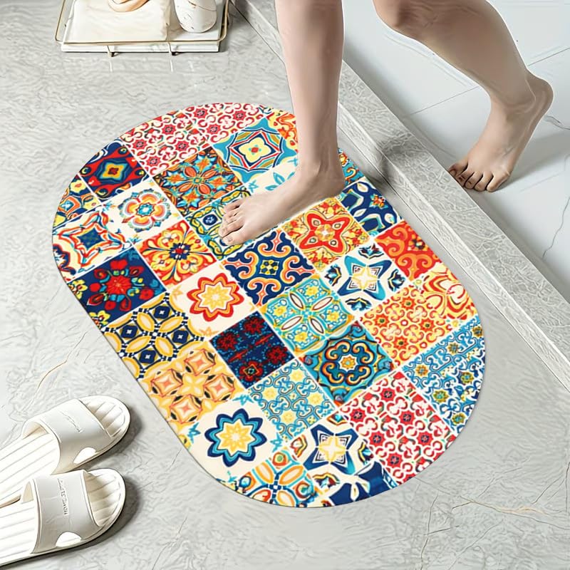 ANSHMJIMN AntiSlip Bath Mat with Colorful Tile Design | Soft & Super Absorbent Bathroom Floor Mat | Quick Dry, NonSkid Backing