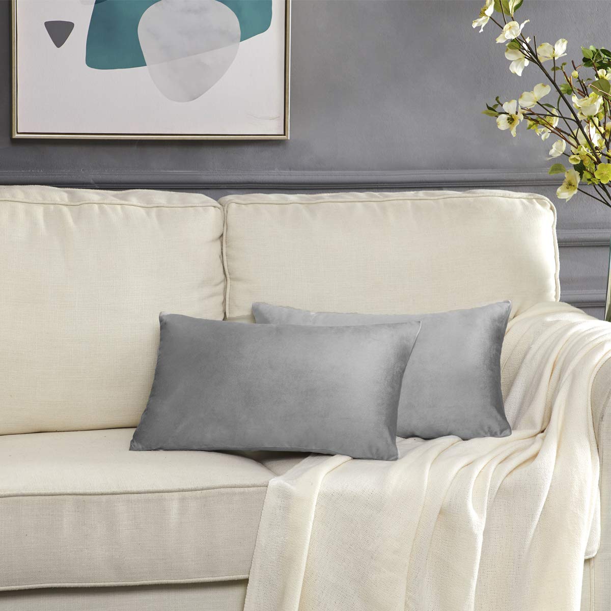 Silver Grey Velvet Decorative Throw Pillow Covers For Sofa Bed 2 Pack Soft Cushion Cover