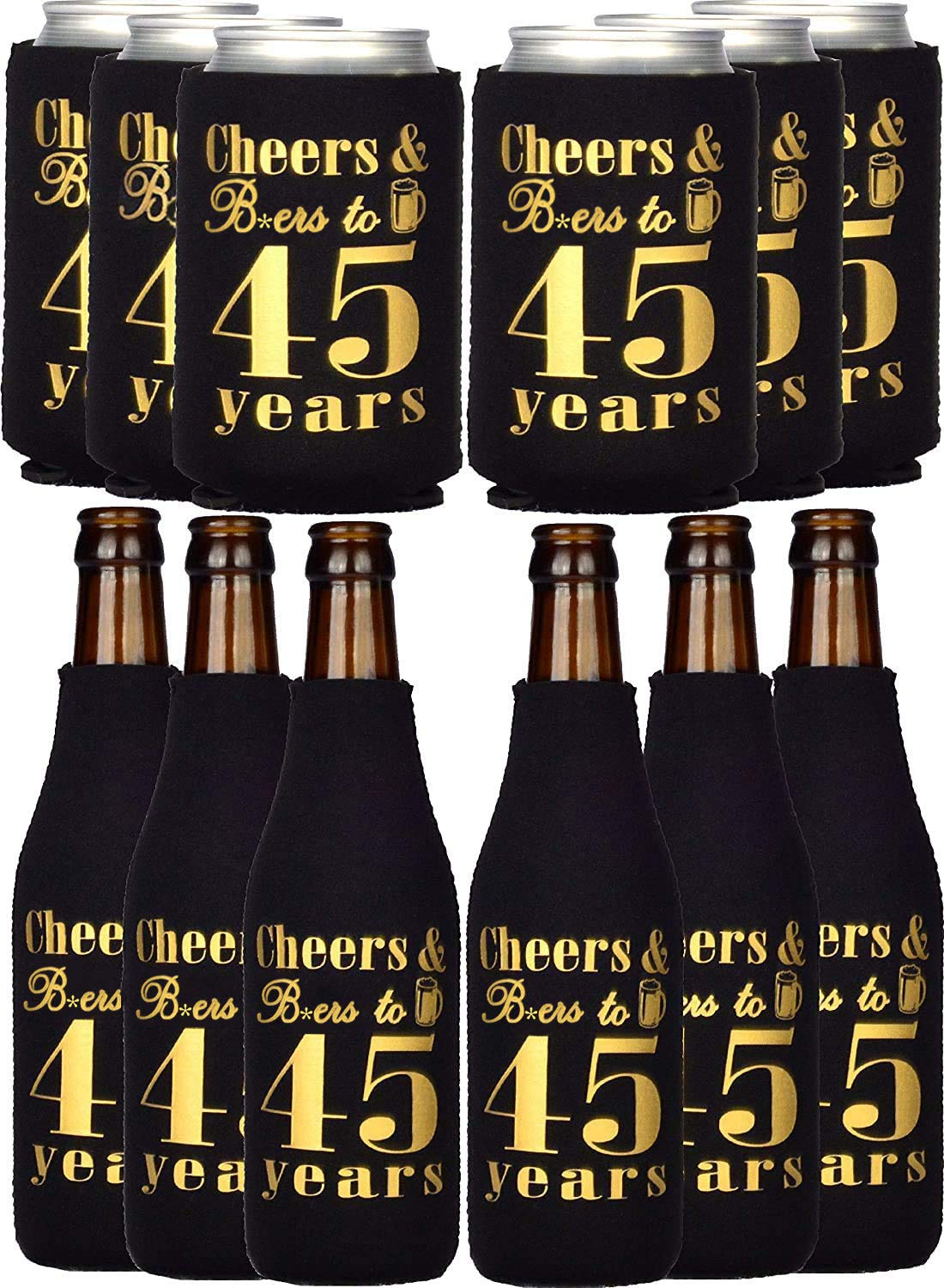 MEANT2TOBE 45th Birthday Can Coolers Bundle - 12 Black and Gold Cheers to 45 Years Bottle Coolers