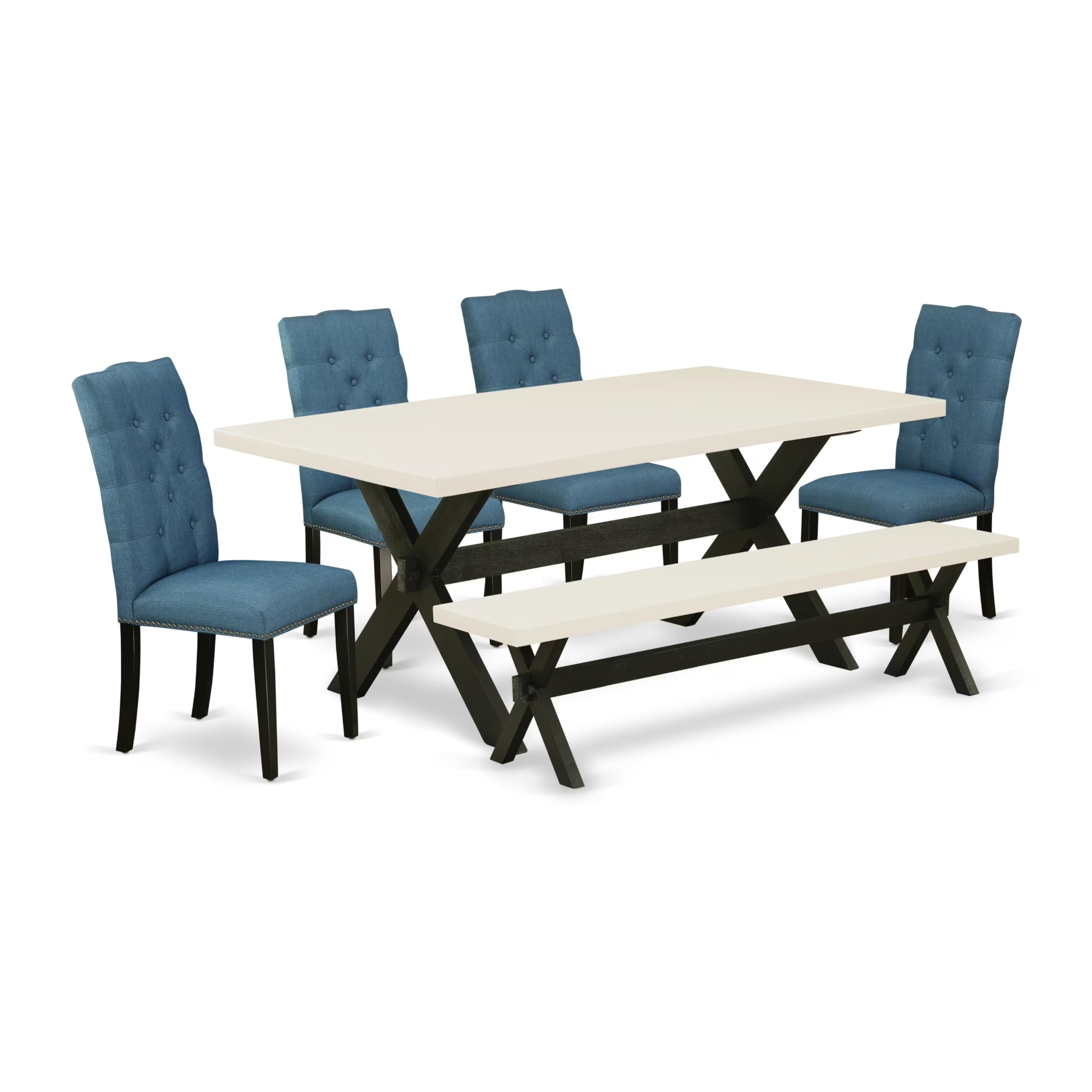 East West Furniture X627El121-6 6 Piece Dinette Set Contains A Rectangle Dining Room Table With X-Legs And 4 Blue Linen Fabric Parson Chairs With A Bench, 40X72 Inch, Multi-Color