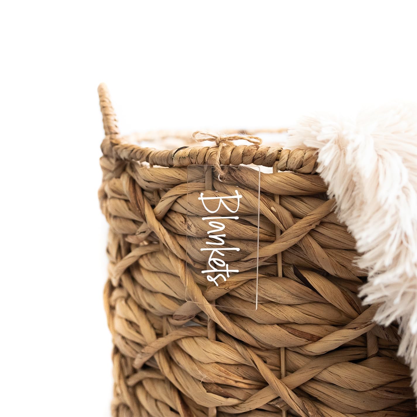 12 Clear Acrylic Basket Tags - Jute String Label Holders For Storage Bins - Acrylic Hanging Tags Labels For Baskets - Basket Lab