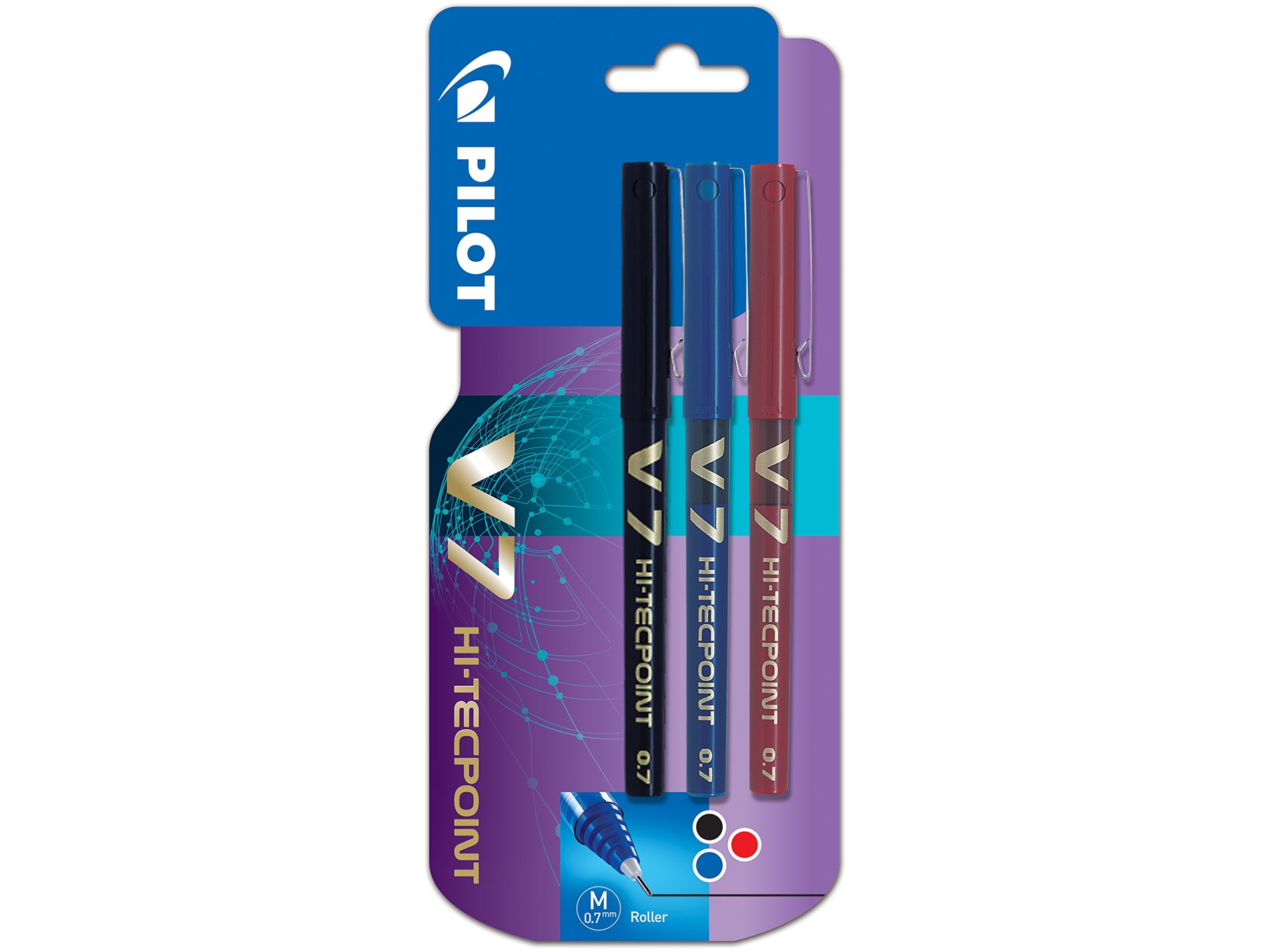 Pilot V7 Hi-Tecpoint Rollerball Pen, 0.7 Mm Tip - Black/Blue/Red, Pack Of 3