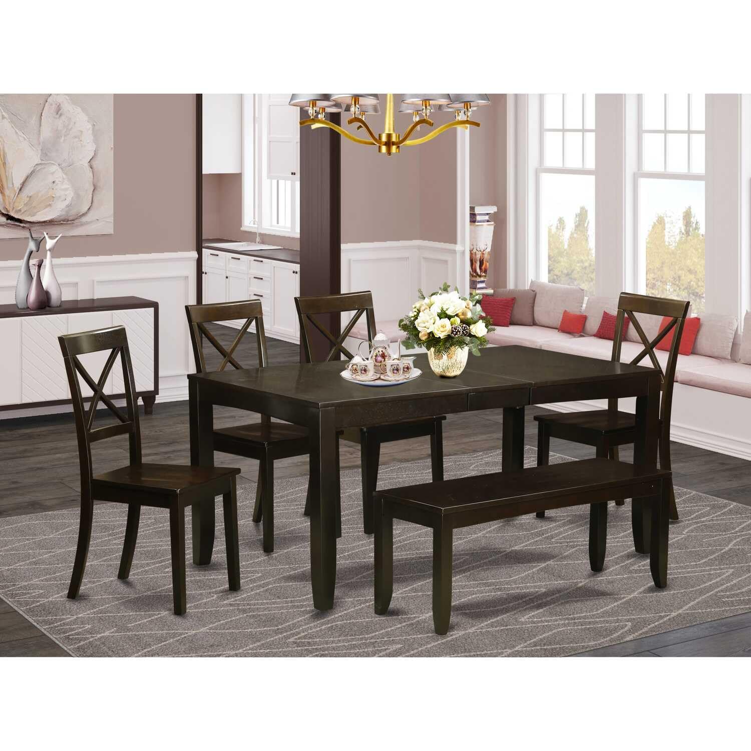 East West Furniture Lybo6-Cap-W 6 Pc Dining Table With Bench-Dining Table And 4 Kitchen Dining Chairs Plus Bench