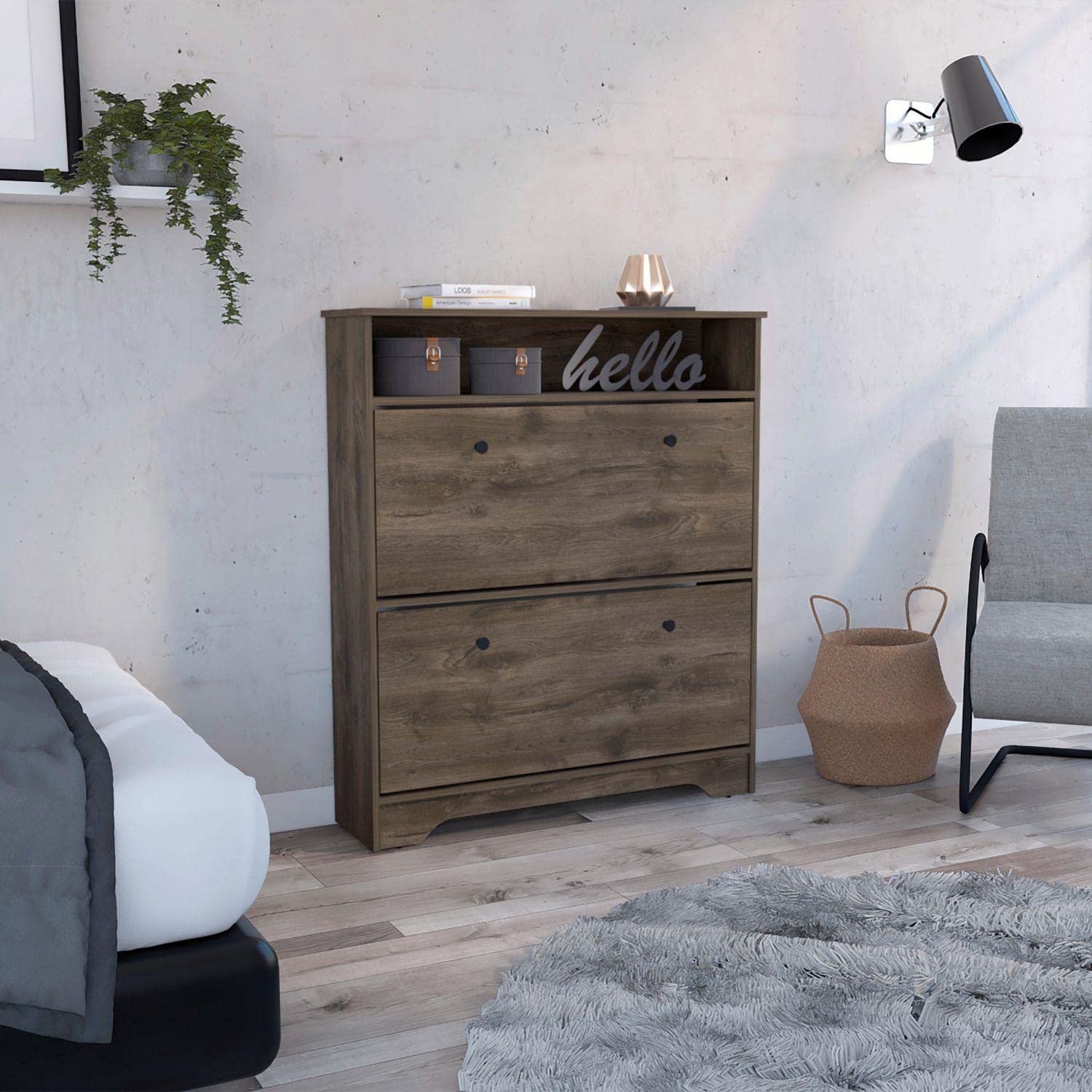 Shoe Rack 46&Quot; H, 1 Open Storage Shelf, 2 Internal Storage Drawers, 2 Doors, Dark Brown