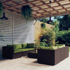 vidaXL 7-Piece Outdoor Patio Lounge Set - Poly Rattan Sectional Sofa with Cushions - Brown/Green