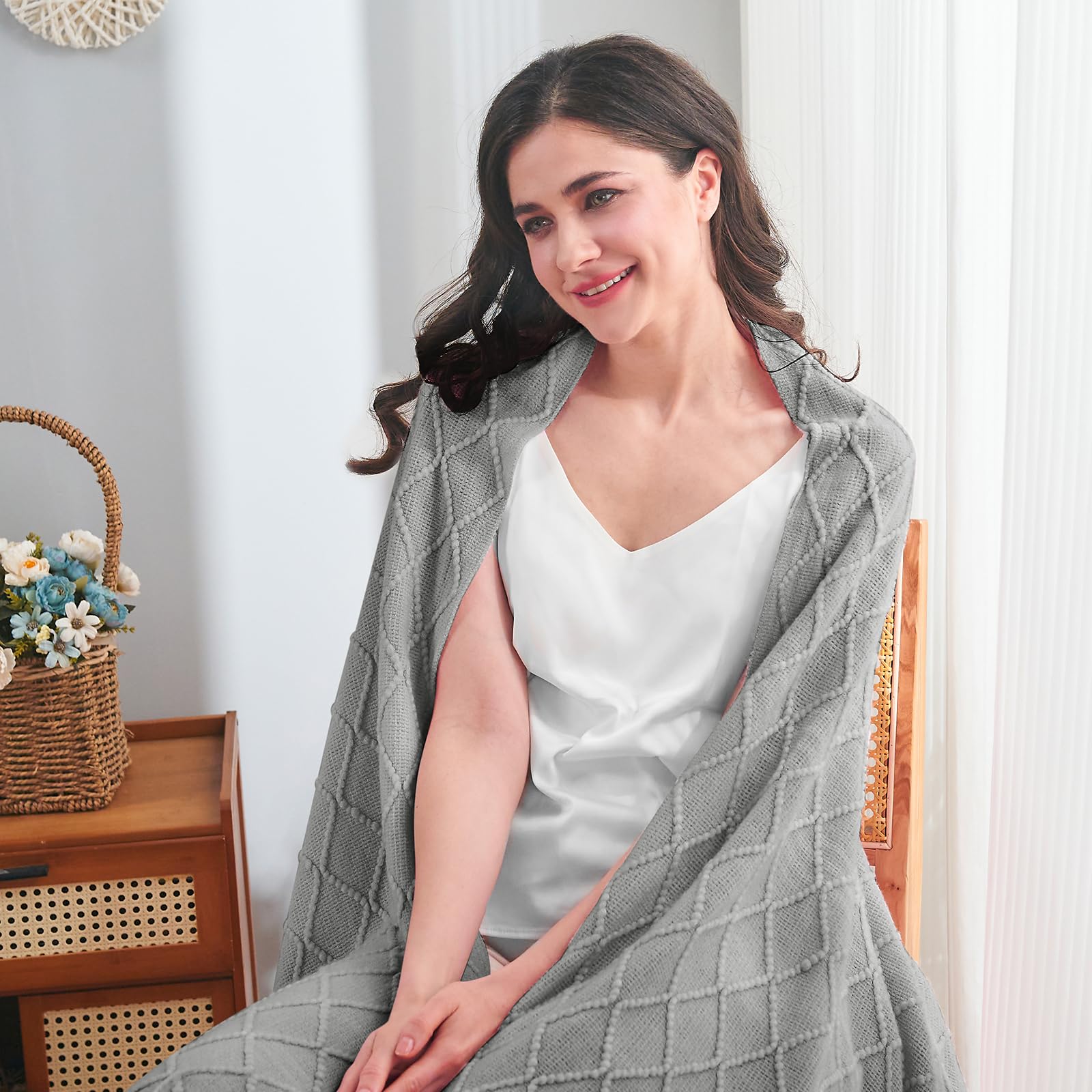 Inhand Knitted Throw Blankets For Couch And Bed, Soft Cozy Knit Blanket With Tassel, Light Grey Lightweight Decorative Blankets