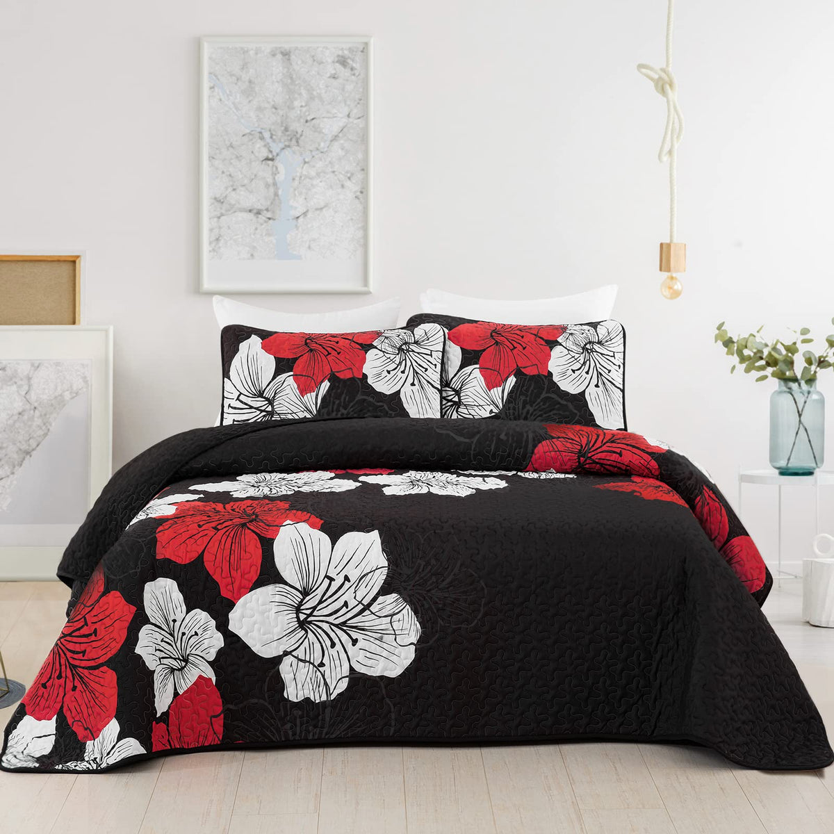 Djy 3 Pieces Quilt Set Queen Red Floral Pattern Quilt Coverlet Set Elegant Boho Bedspread With 2 Pillow Shams Lightweight Microf