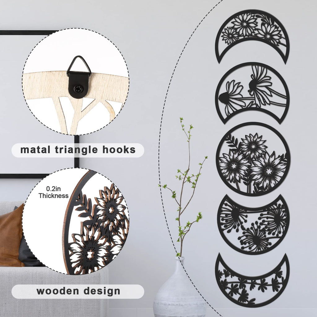 5 Pieces Moon Phase Wall Decor Boho Hanging Moon Phase Nordic Wood Wall Art For Living Room Bedroom Home Wall Decoration Room Ap