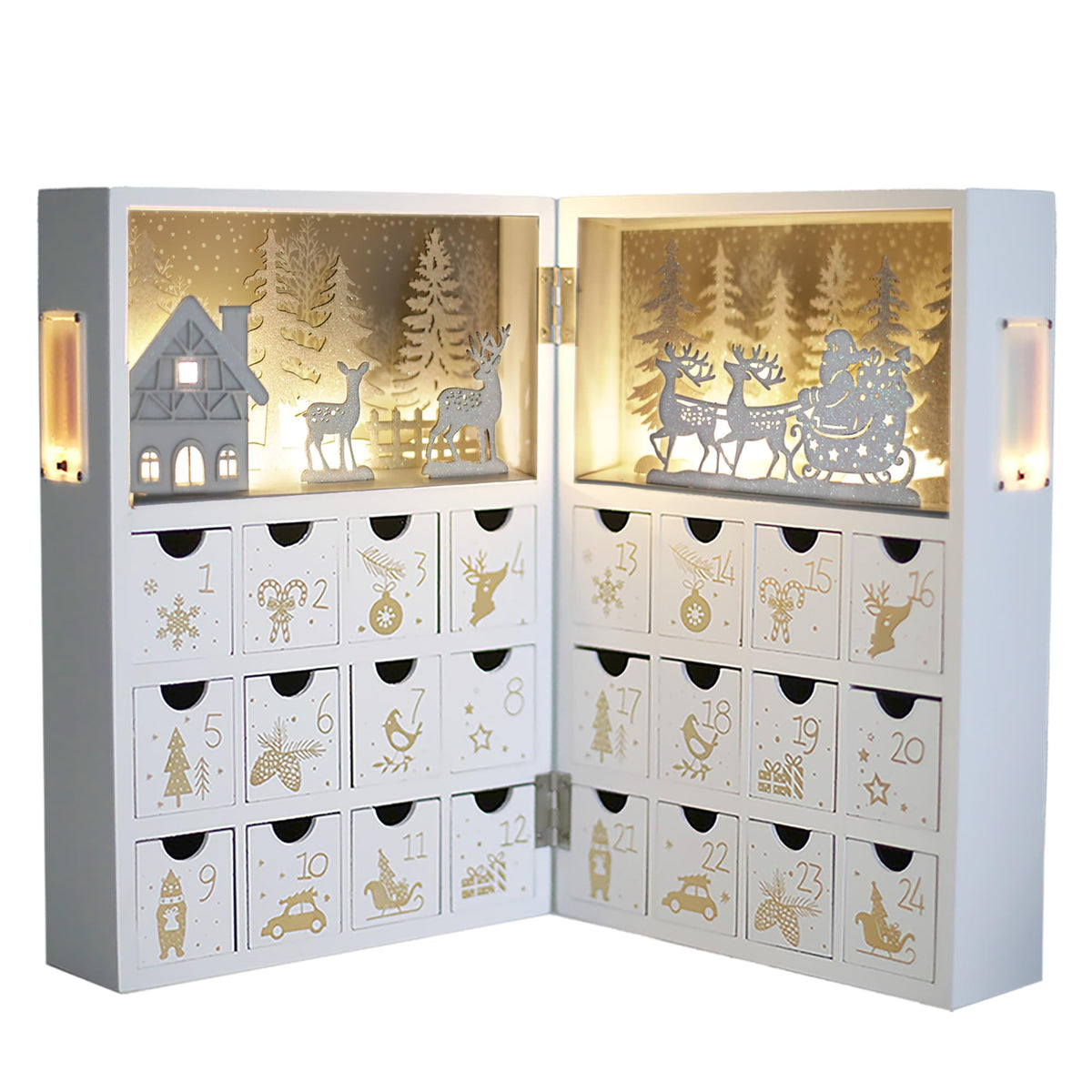 PIONEER-EFFORT Wooden Christmas Advent Calendar Book with LED-lit Winter Forest Scene - 24 Drawer Countdown with Fine Silver Rei