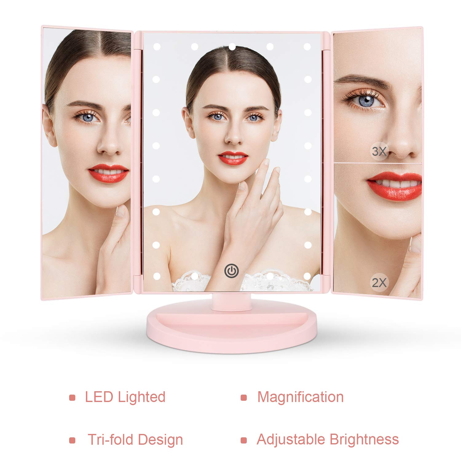 Deweisn Tabletop Mount Tri-Fold Lighted Vanity Mirror With 21 Led Lights, Touch Screen And 3X/2X/1X Magnification, Two Power Sup