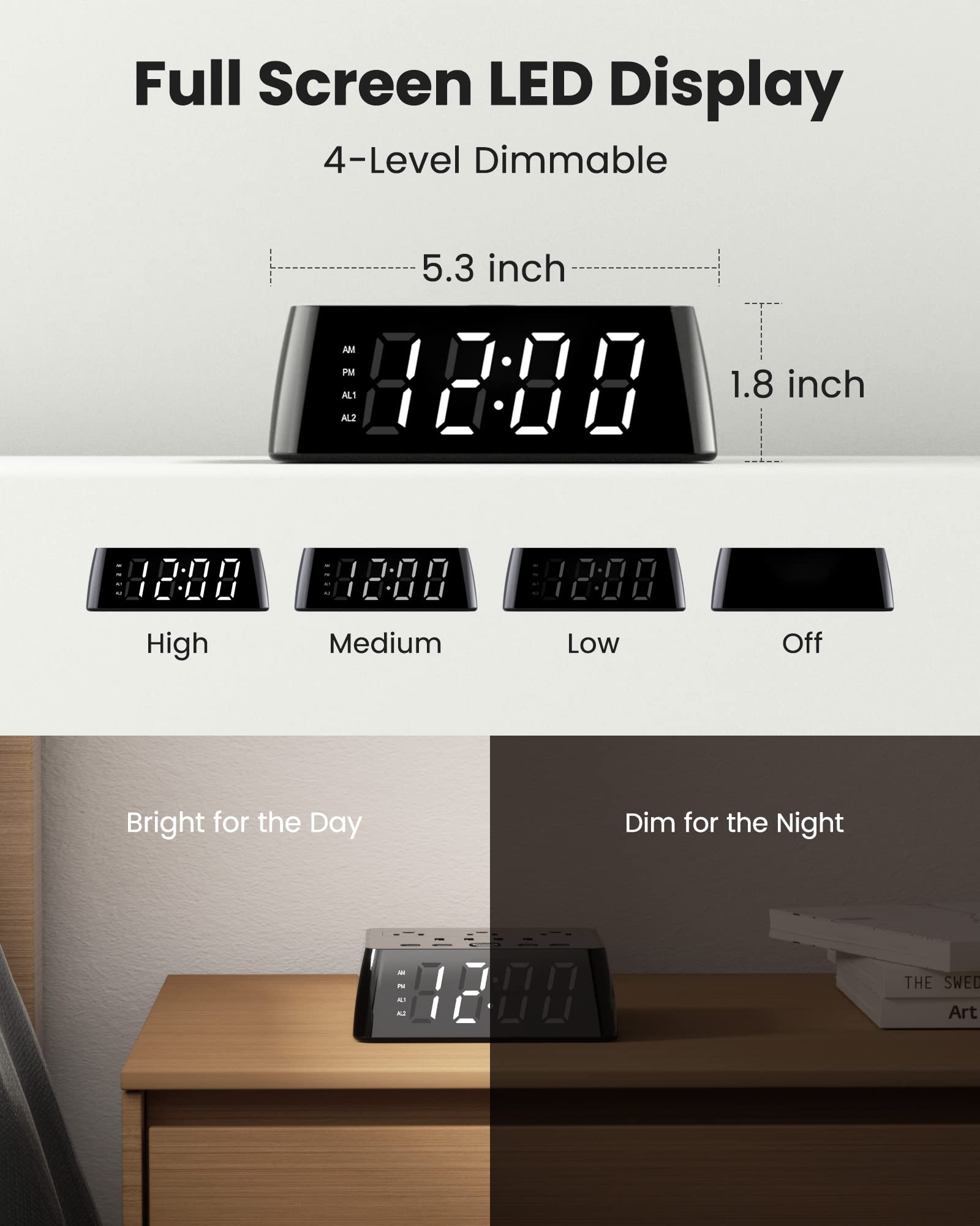 Jackyled Alarm Clock With 4 Usb Chargers Power Strip 3 Outlets 1700J Surge Protector Nightstand Dimmable Digital Clock With Dual