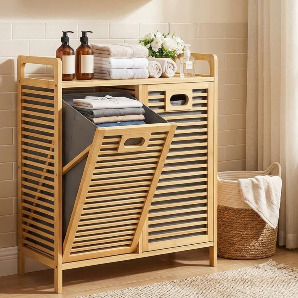Threehoney Bamboo Double Tilt out Laundry Hamper Cabinet, Large Bamboo Clothes Hamper with 2 Hidden Removable Bags, 48.6 lb, Fre