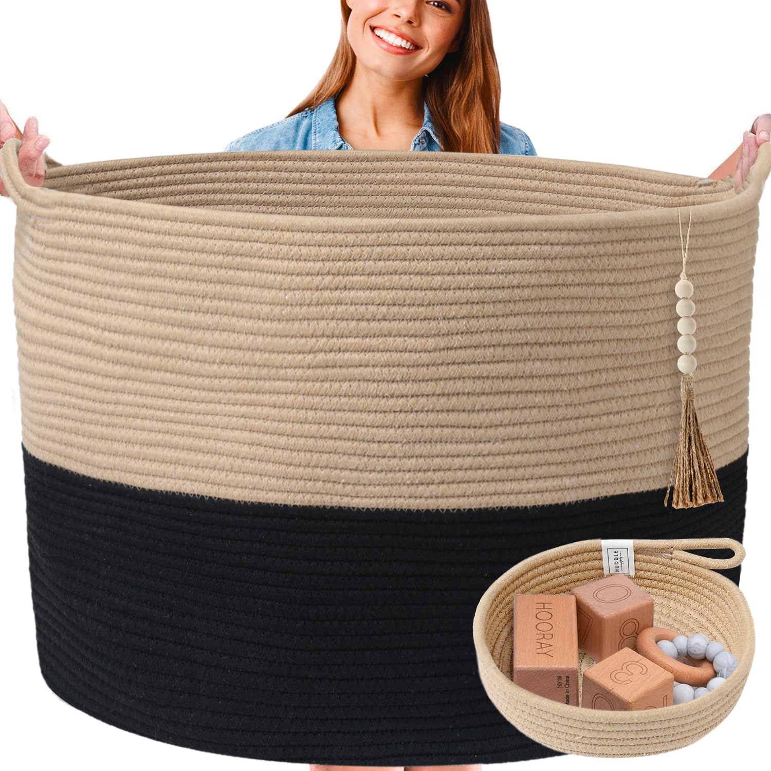 XXXXL WASHABLE Blanket Basket Living Room Boho 24 x 17 2PCs Toy Baskets Woven Rope Basket for Blankets,Pillows,Throws,Laundry + 