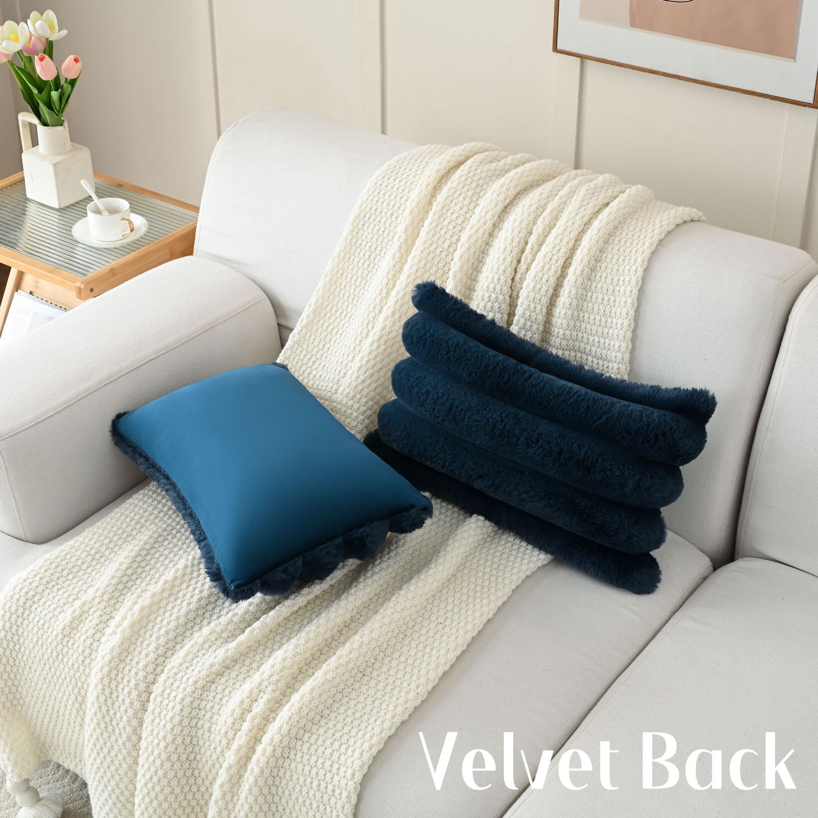 Futei Navy Blue Decorative Throw Pillow Covers 12X20 Inch Set Of 2, Square Soft Faux Rabbit Fur Big Striped Cushion Cover,Home D