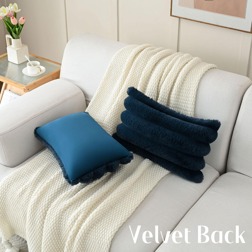 Futei Navy Blue Decorative Throw Pillow Covers 12X20 Inch Set Of 2, Square Soft Faux Rabbit Fur Big Striped Cushion Cover,Home D