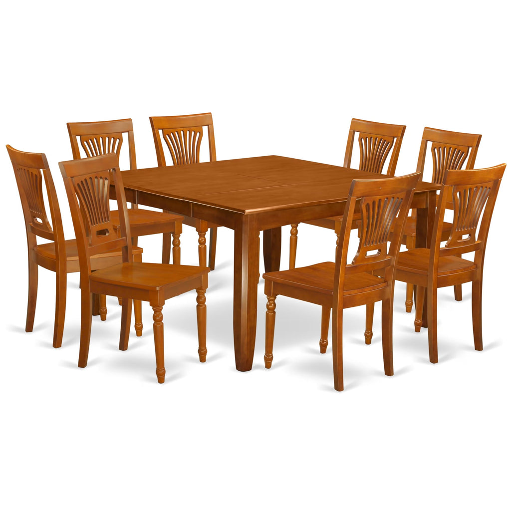 East West Furniture PFPL9-SBR-W 9 Piece Kitchen Table Set Includes a Square Dining Table with Butterfly Leaf and 8 Dining Room Chairs, 54x54 Inch, Saddle Brown