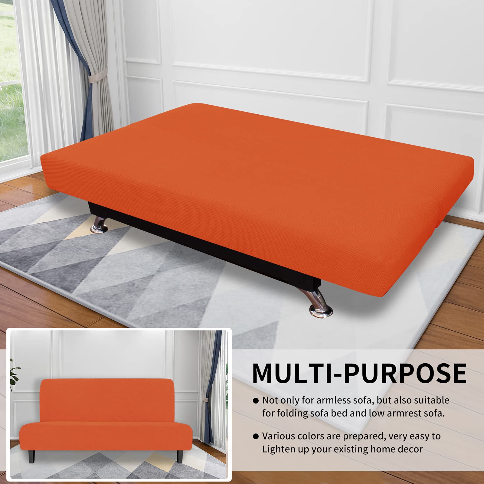 Easy-Going Stretch Futon Slipcover Armless Futon Bed Cover Furniture Protector Without Armrests With Elastic Bottom For Kids, Soft Jacquard Fabric Small Checks (Large, Orange)