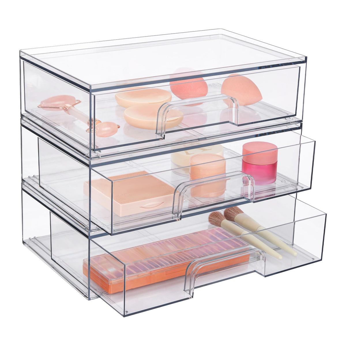 Vtopmart 12'W Clear Stackable Storage Drawers,3 Pack Acrylic Plastic Organizers Bins For Makeup Palettes, Cosmetics, And Beauty