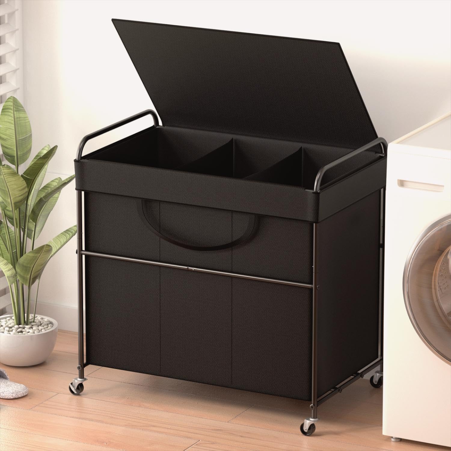 YKDIRECT 180L Large Laundry Hamper 2 Compartment with Laundry Washing Bag, Laundry Basket with Lid, Metal Frame and Removable Ba
