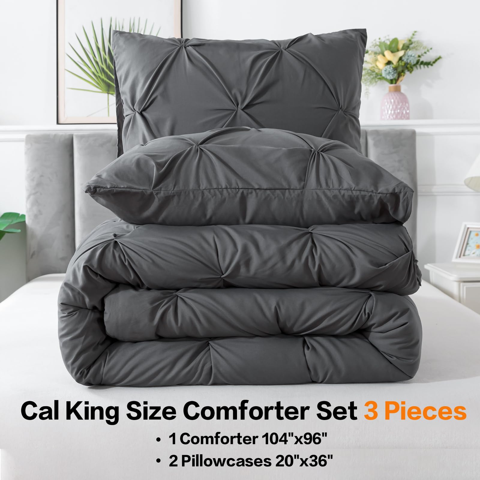 Andency California King Comforter Set Dark Gray (104X96Inch), Pinch Pleat Cal King Comforter Set 3 Pieces, Oversized King Pintuck Bed Comforter, Microfiber Down Alternative Comforter Bedding Set