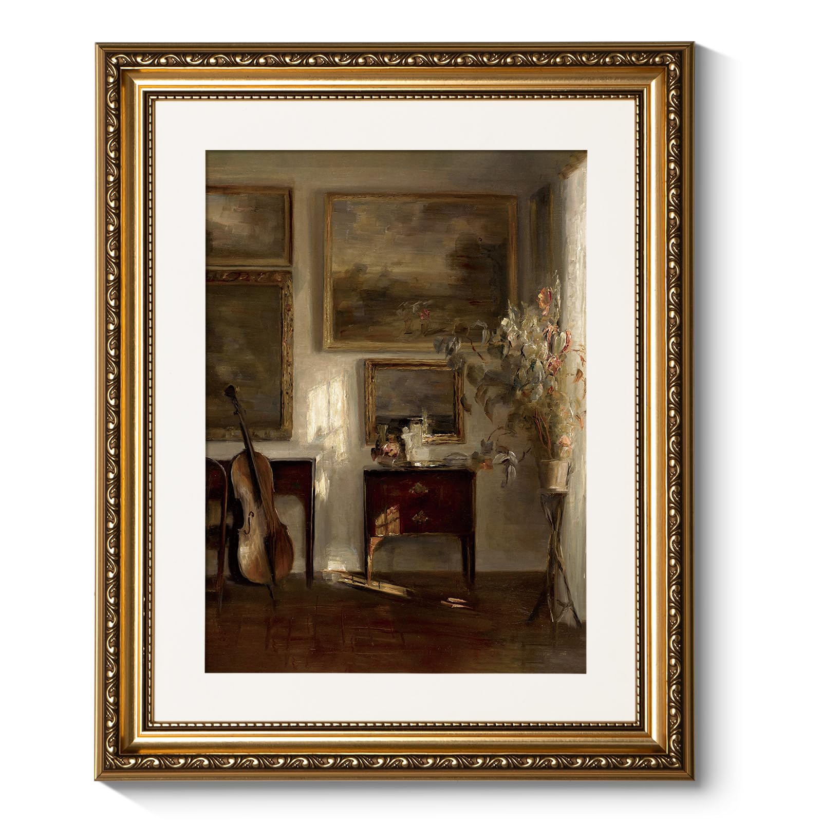 ARPEOTCY Vintage Gold Framed Wall Art, Still Life Interior Cello Landscape Paintings Victorian Farmhouse Wall Decor for Living R