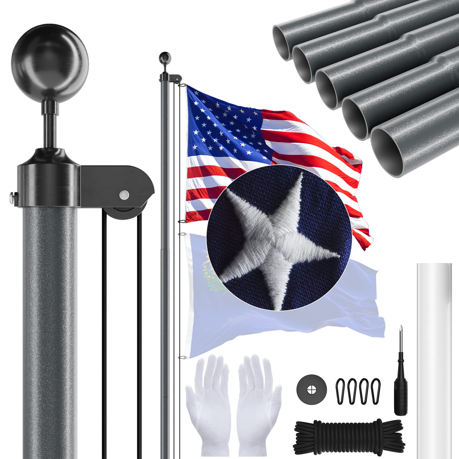 Scwn Heavy Duty Flag Pole For House Ground-25Ft 13 Gauge Extra Thick Aluminum Flagpole Kit With 5X3 Nylon Embroidered Flag,For O