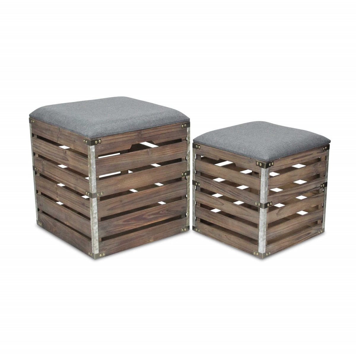 HomeRoots Brown Set of 2 Square Gray Linen Fabric and Wood Slats Storage Benches