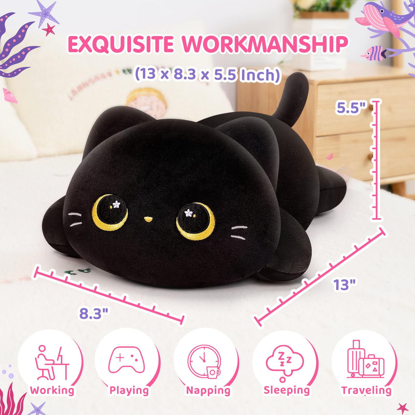 Mewaii Cute Cat Plush Pillow, Kawaii Plushies Black Cat Stuffed Animals, Squishy Plushies, Cuddle Plush Pillow For Boys & Girls