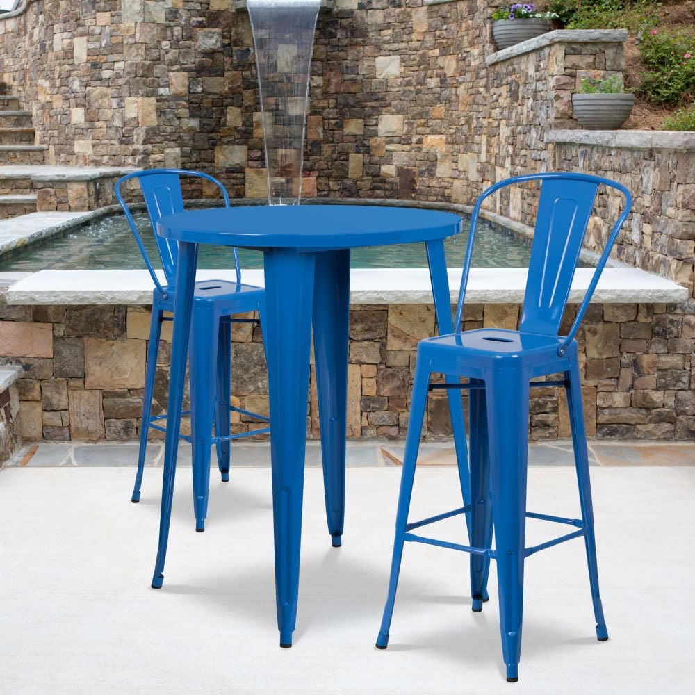 Flash Furniture Commercial Grade 30&quot; Round Blue Metal Indoor-Outdoor Bar Table Set With 2 Cafe Stools