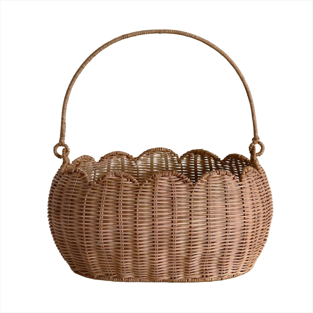 Scalloped Round Basket with Handle, Super Sturdy Wicker Storage Baskets, Hand Woven Basket for Shelves,Natural Baskets for Organ