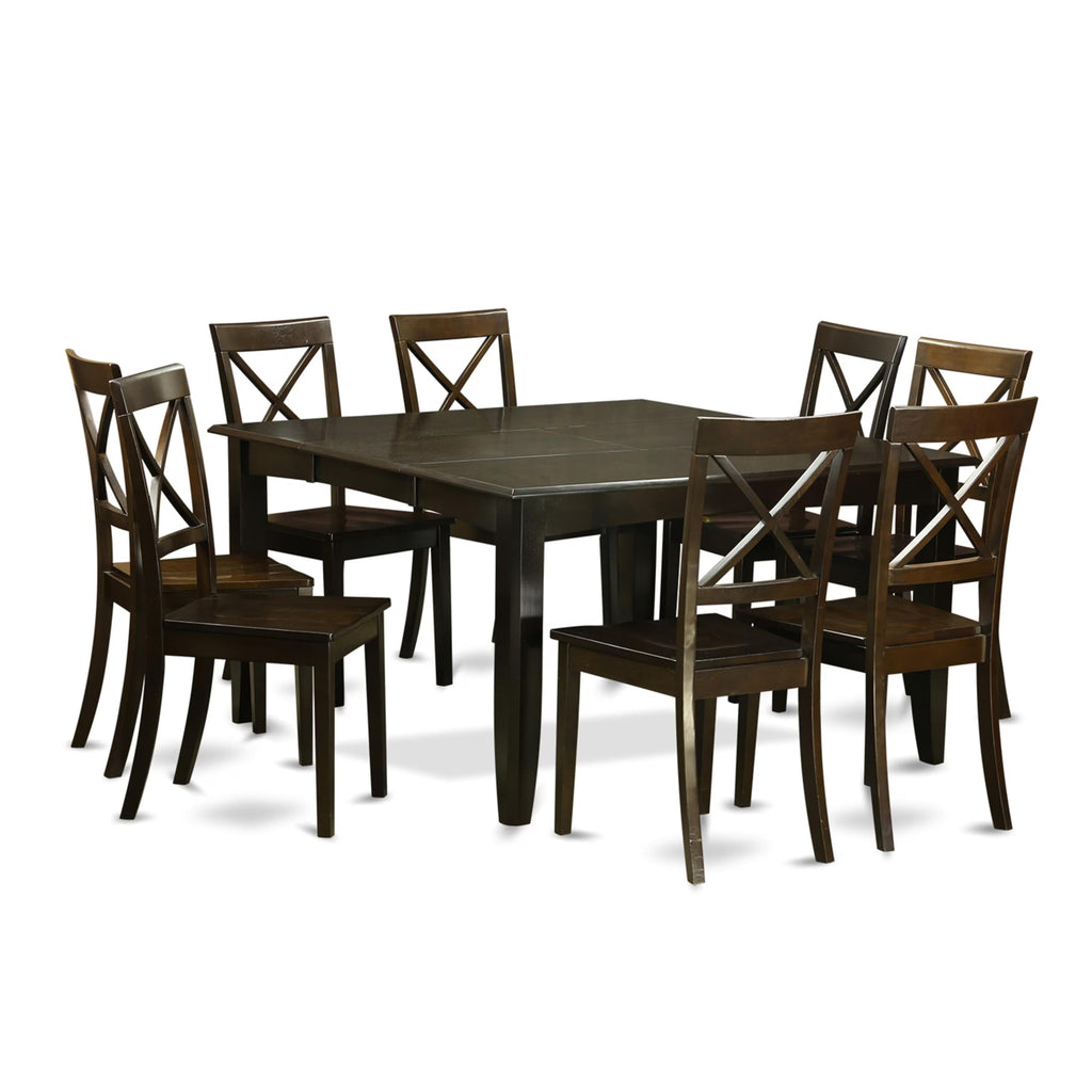 East West Furniture PFBO9-CAP-W 9 Piece Modern Dining Table Set Includes a Square Wooden Table with Butterfly Leaf and 8 Kitchen Dining Chairs, 54x54 Inch, Cappuccino