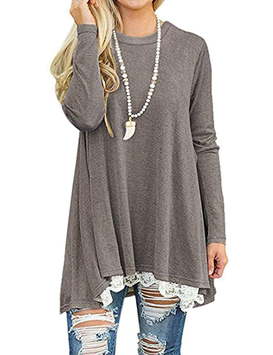 Womens Crew Neck Long Sleeve Lace Splicing Swing Shirt Dresses Long Tunic Blouses Shirts For Leggings Gray